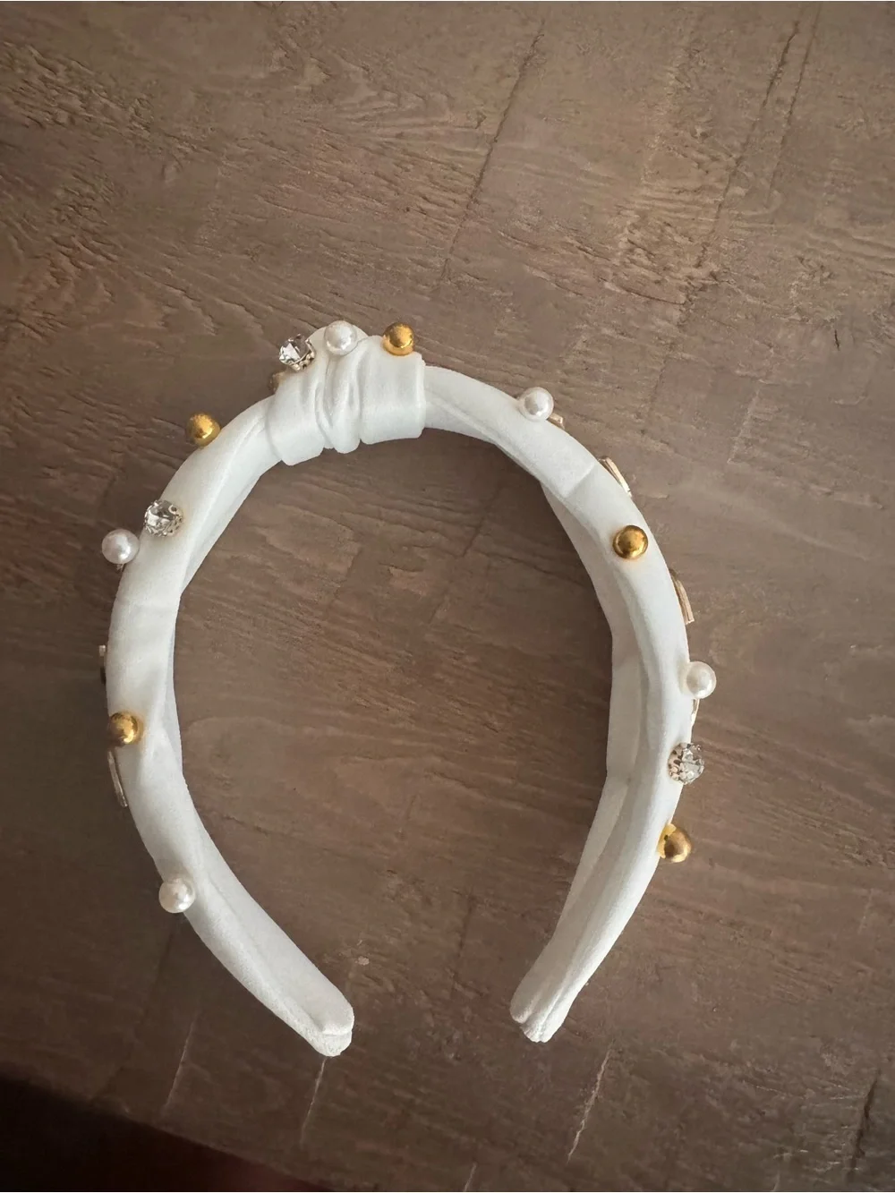 Kids White Football-Accent Headband with Gold and Pearl Details